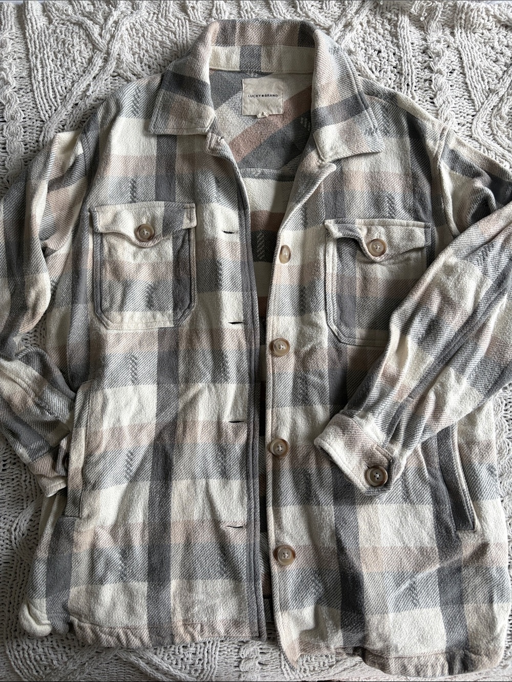 Lucky Brand Plaid Button-Front Shacket - Beige, Gray, Cream, Pink